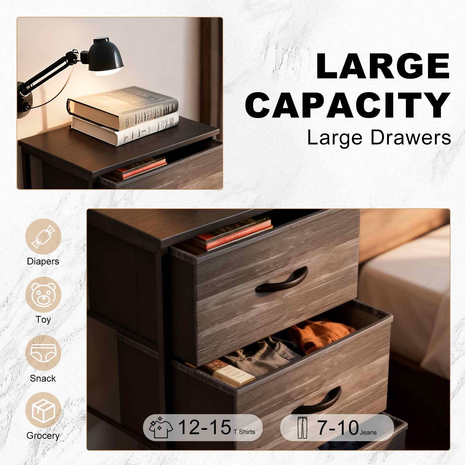 MAYEERTY Fabric Drawer Storage Cabinet with Wooden Top, Multifunctional Nightstand Dresser Sideboard Organizer for Bedroom Closet Hallway