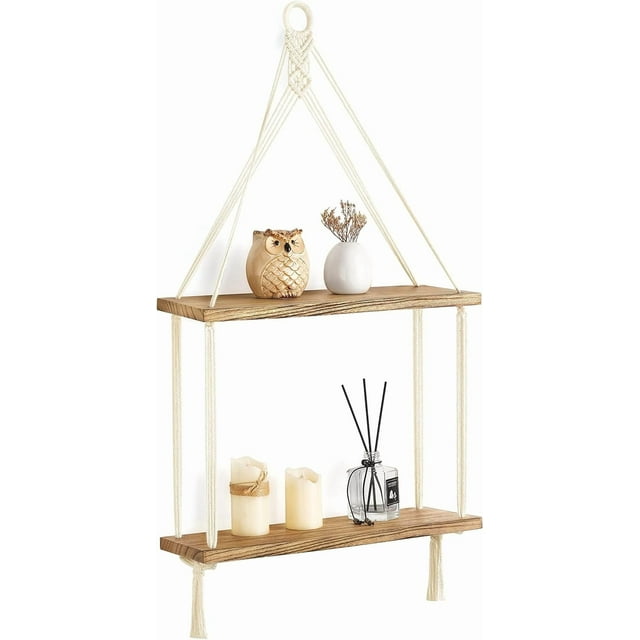 Mkono Macrame Wall Hanging Shelf 2 Tier Boho Room Decor Handmade Cotton Rope Rustic Wood Floating Shelves Display Photos Plants Hanging Storage Shelving for Living Room Nursery Bathroom Bedroom