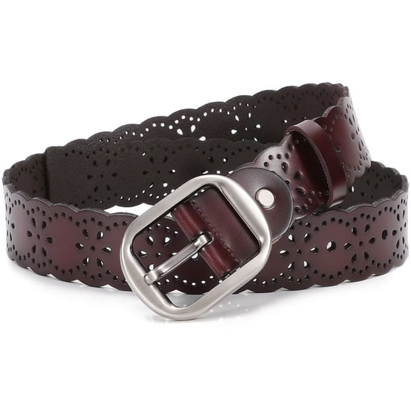 JASGOOD Women Leather Belts Hollow Flower Brown Belt for Ladies Jeans