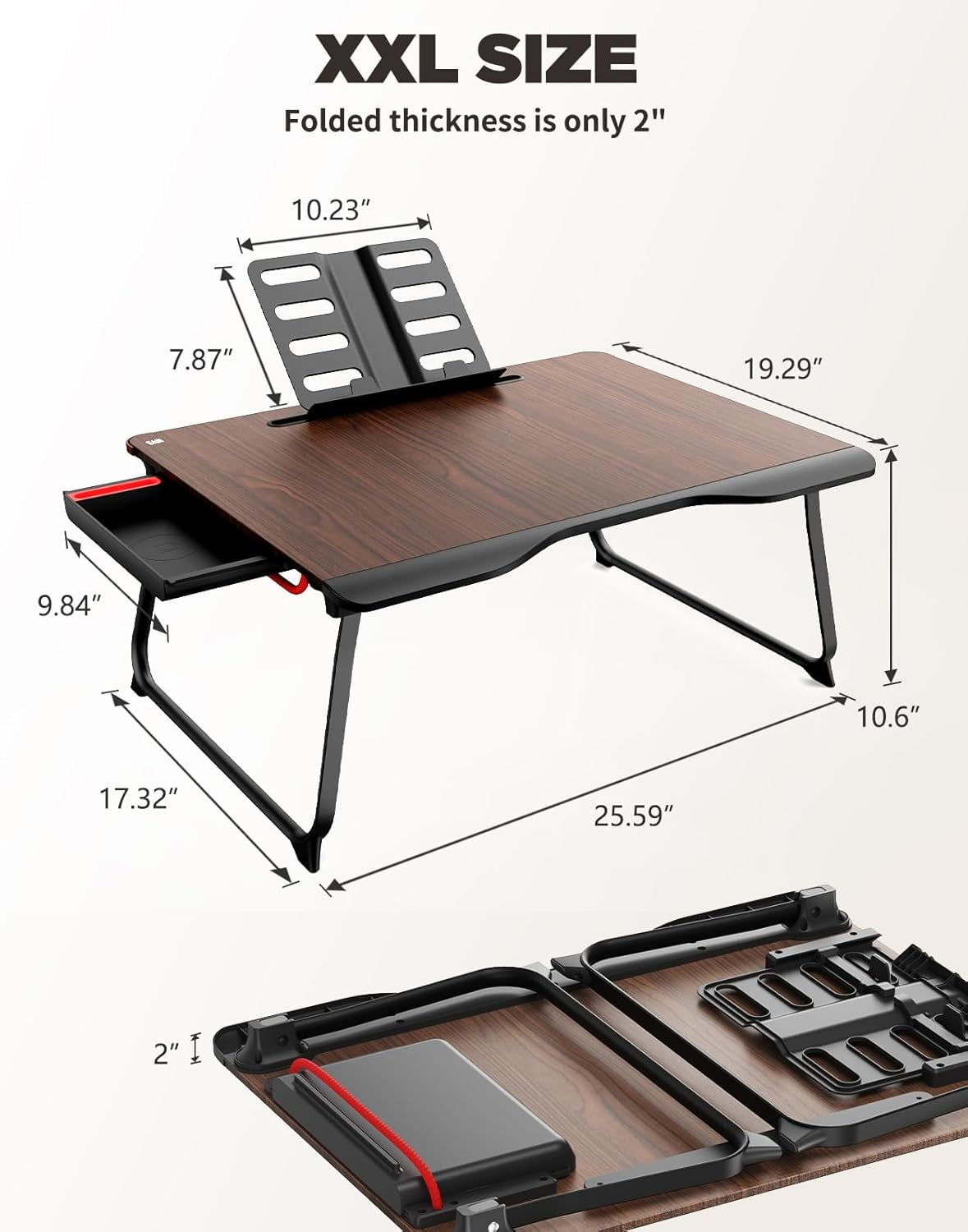 XX-Large Foldable Bed Tray Table for Eating Breakfast, Writing, Working, Gaming, Drawing with Storage Drawer, Handrest Bookstand, Tablet Stand, Phone Stand(Black Cherry)