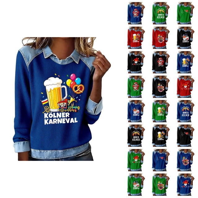 Mardi Gras Chemises à Manches Longues pour Femmes 2026 Mode Denim Patchwork Col à Revers Chandail en Molleton Graphique