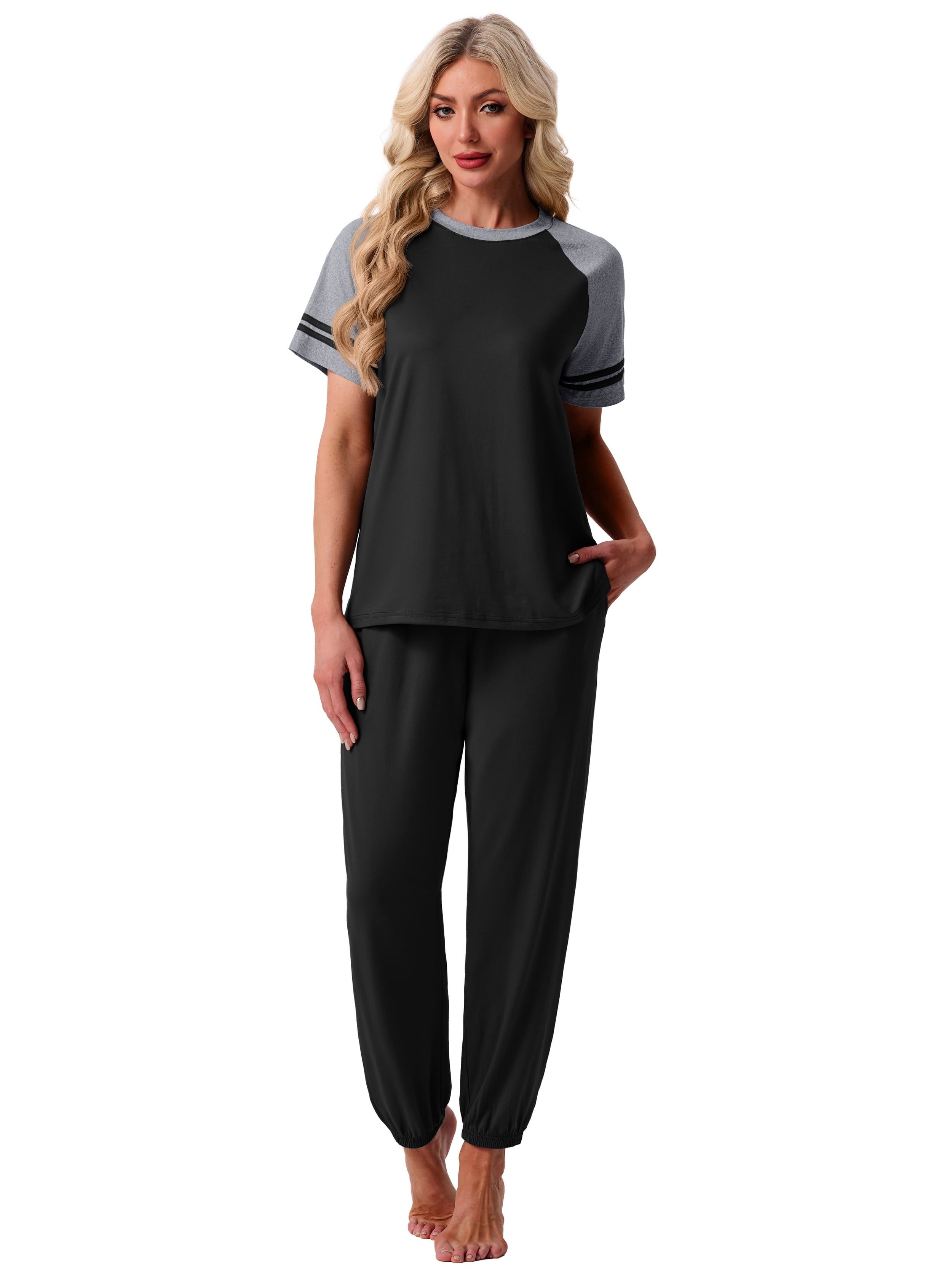 MINTREUS Lounge Sets for Women Two Piece Pajama Set Short Sleeve Pjs Joggers Long Pants Tracksuit with Pockets