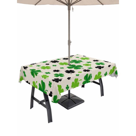 Outdoor Tablecloth with Umbrella Hole and Zipper, St Patricks Day Rectangle Table Cloth 60x120 Inch Waterproof Tablecloth, Farmhouse Country Green Black Shamrock Picnic Table Cover for Patio Camping
