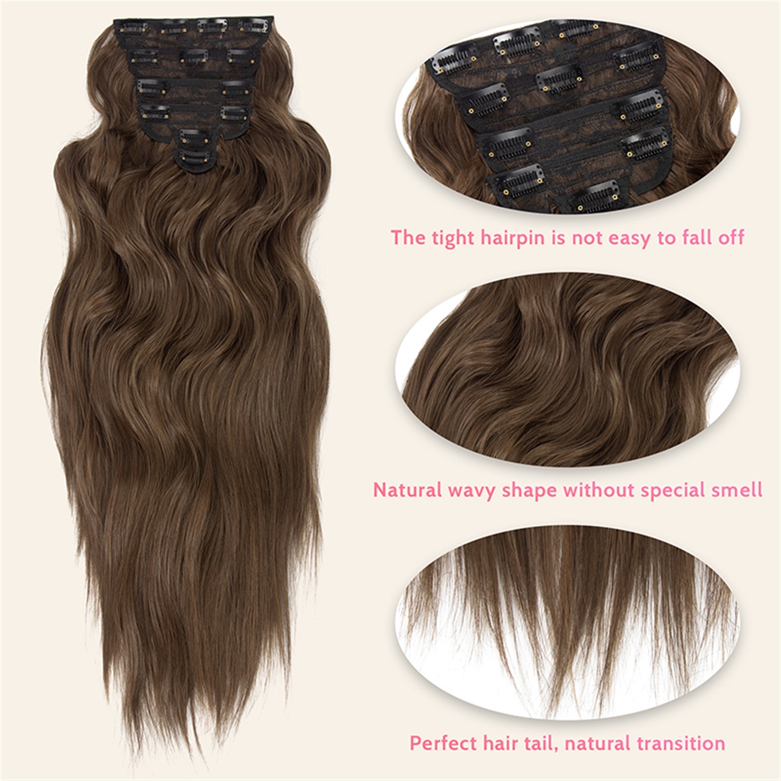 Clip in Synthetic Hair Extensions Long Wavy 6PCS Thick Hairpieces Natural Wavy Brown Hair Piece Double Weft Natural Hair Extensions 22Inch for Women