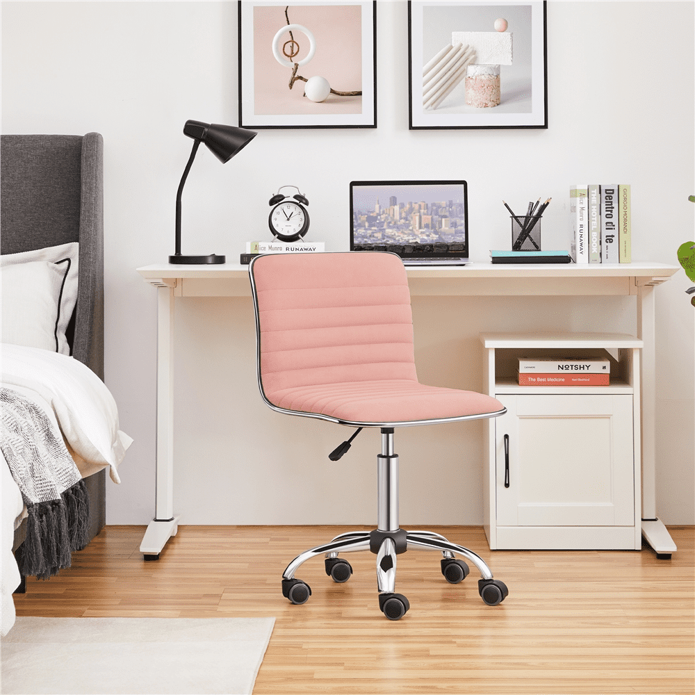 Yaheetech Velvet Low Back Armless Office Chair with Wheels, Apricot Pink