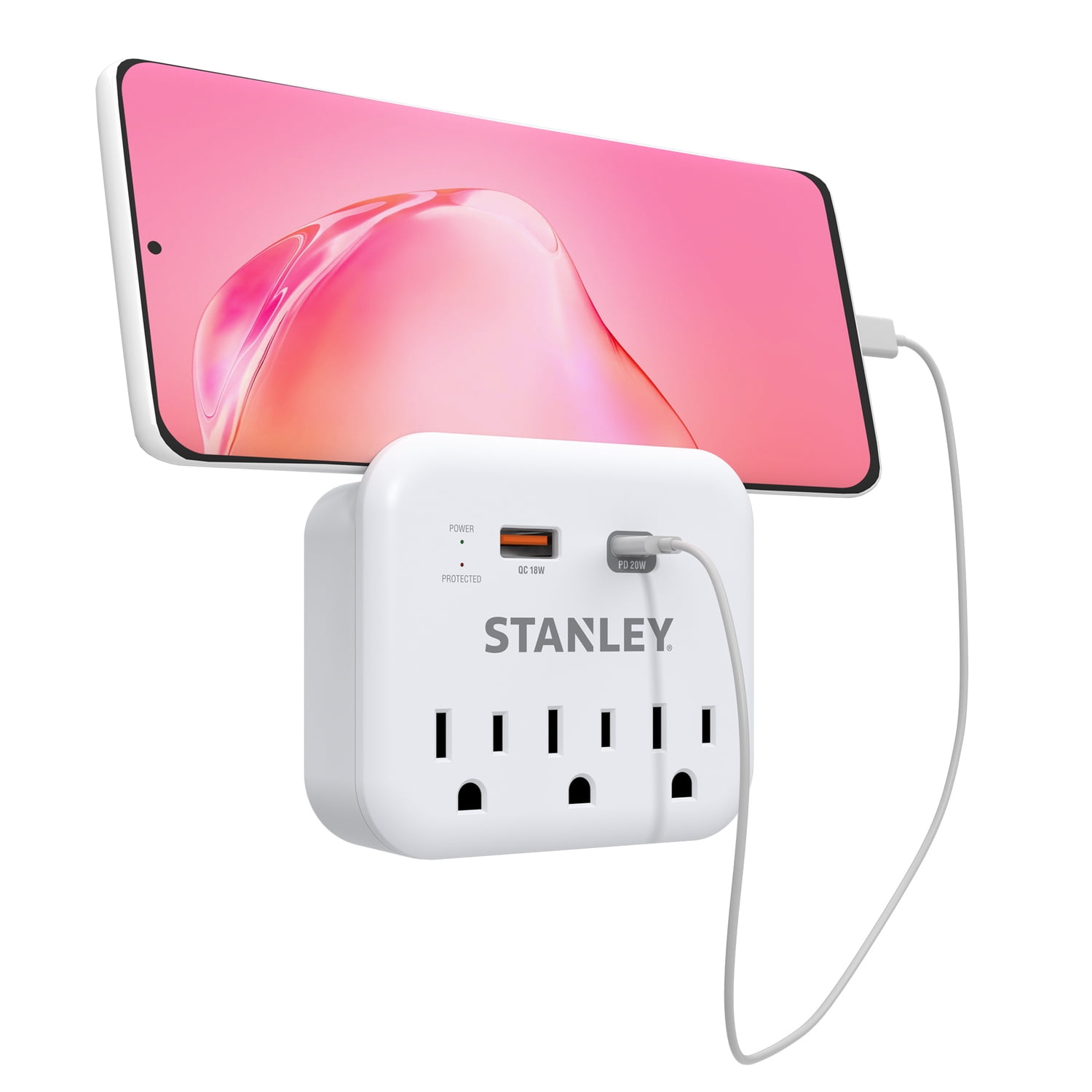 STANLEY 3-AC Outlet 2-USB Port 600-Joules SurgePro 3 USB Extreme Surge Protector Wall Tap with PD Fast Charging and Integrated Phone Shelf, 30423