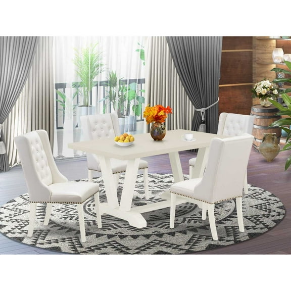 East West Furniture V-Style 5-piece Wood Dining Table Set in Linen White