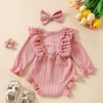 thumbnail image 4 of HWJAD Infant Baby Girl Fall Winter Outfits Clothes Knit Bodysuit Ruffle Bubble Romper with Headband Newborn Coming Home Outfit for Baby Girl, 4 of 9