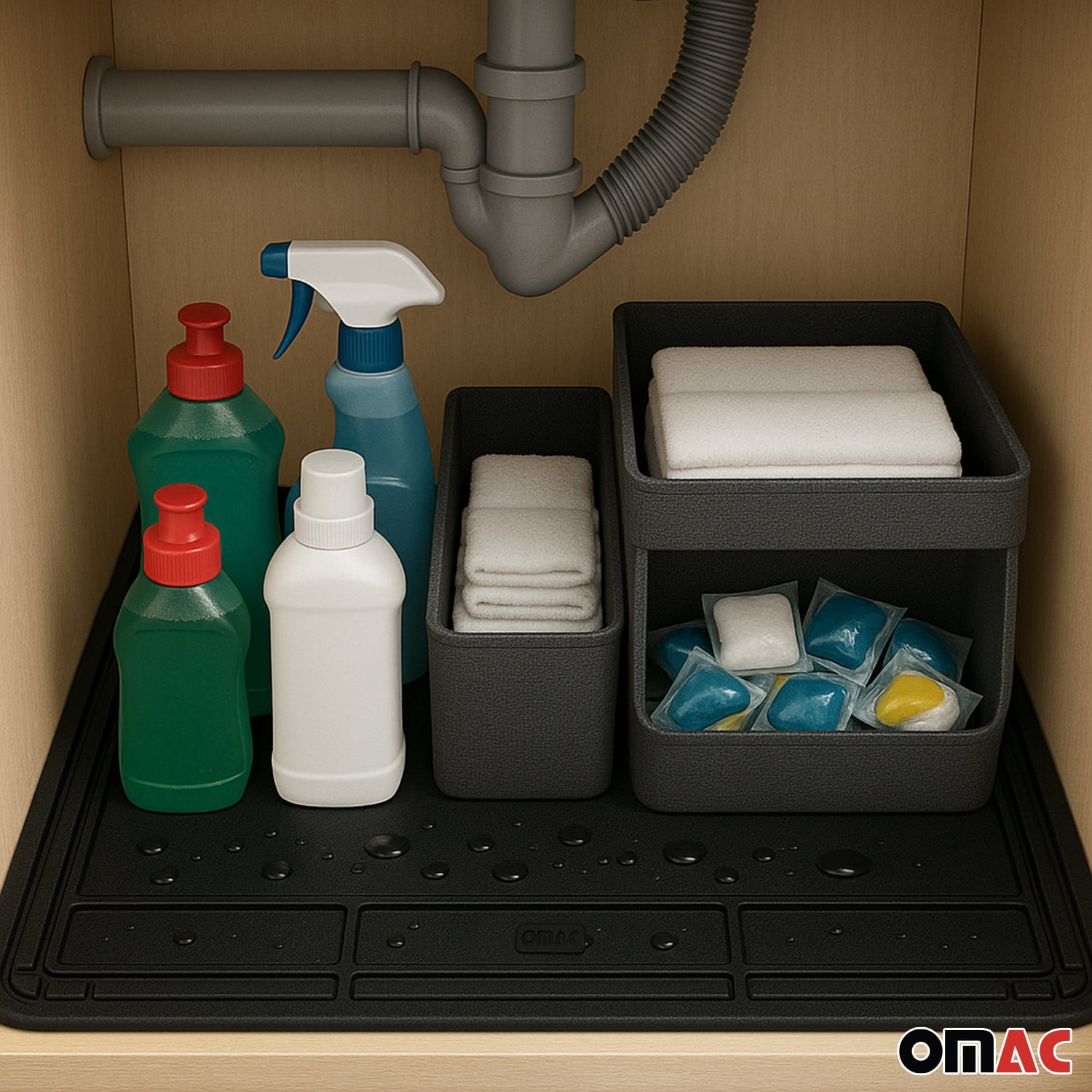 OMAC Waterproof Under Sink Cabinet Mat with Raised Edge - Leakproof & Durable