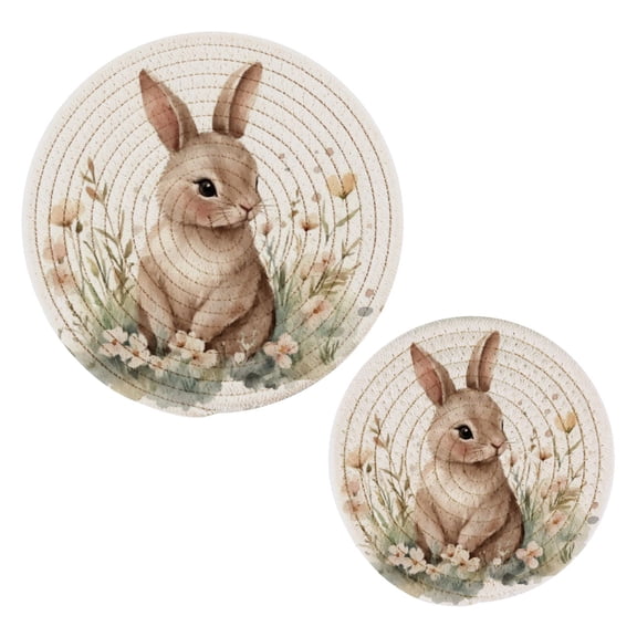 Cotton Rope Pot Holder Set of 2 Kitchen Trivets Watercolor Bunny in Floral Potholdersfor Hot Pans & Dishes