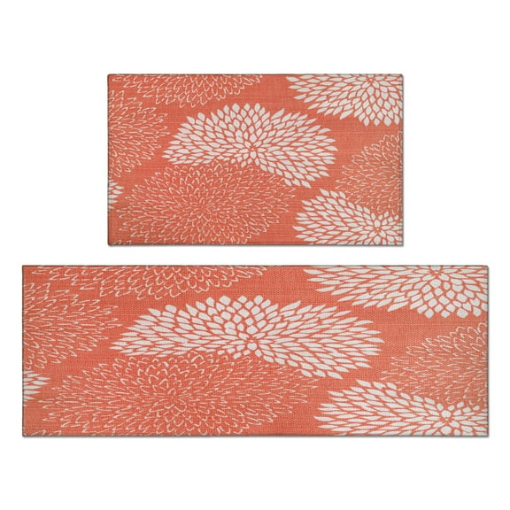 2 Piece Orange Red Dalia Rug Kitchen Rug Set, Decor Kitchen Rugs, Absorbent Non-Slip Washable Floor Mats, Home Indoor Runner Rugs 17"x47" 17"x30"