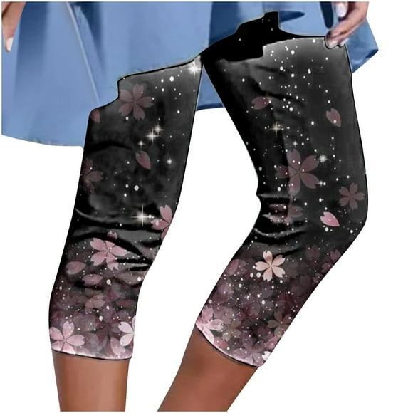 ZVAVZ Pants for Women Trendy Plus Size,Women's Floral Print Cropped Leggings Casual Elastic Waist Capri Pants Comfy Casual Slim Yoga Capris Flash Sale Purple,XXL