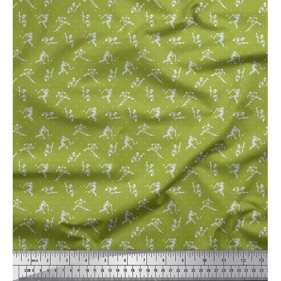 Soimoi Polyester Crepe Fabric Dot,Cricket Player & Bat Sports Print Sewing Fabric Yard 42 Inch Wide