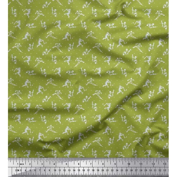 Soimoi Poly Georgette Fabric Dot,Cricket Player & Bat Sports Print Fabric by Yard 52 Inch Wide