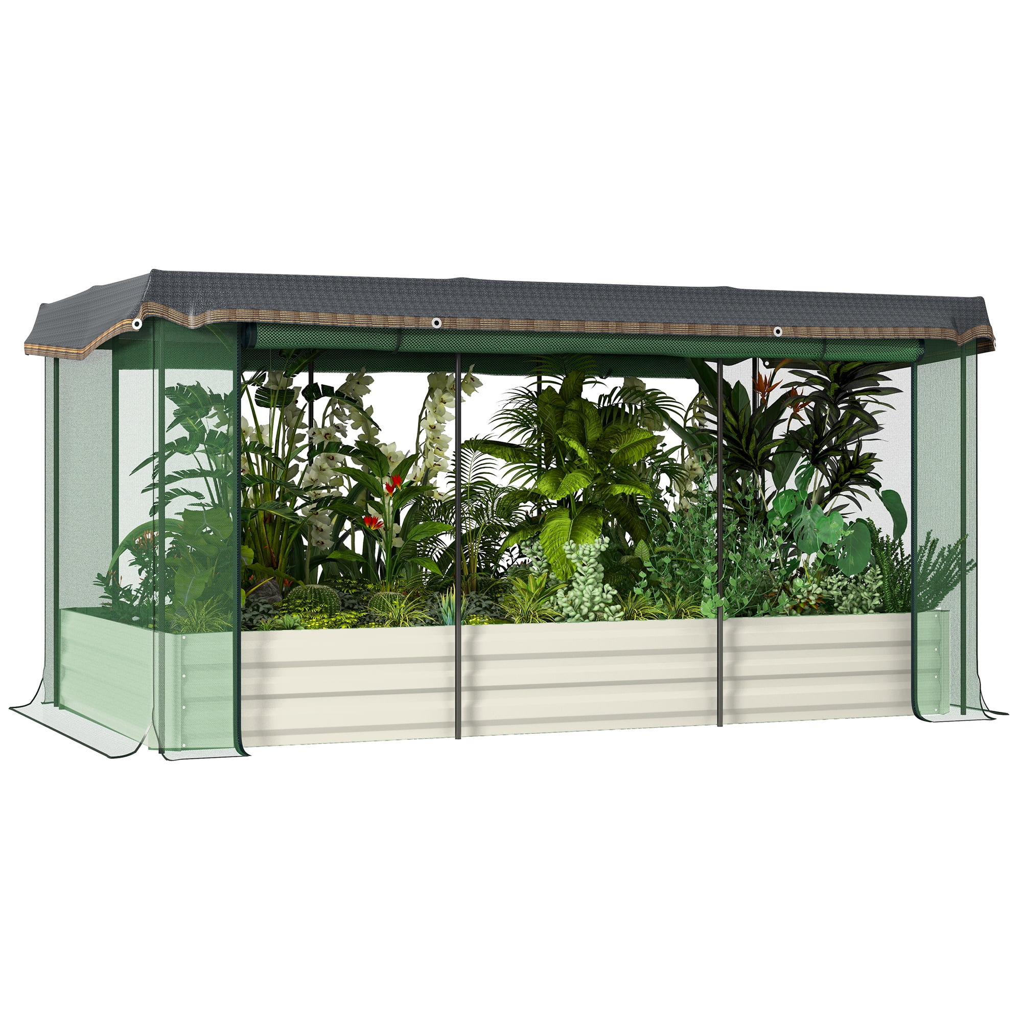Outsunny Galvanized Raised Garden Bed with Crop Cage & Shade Cloth, Beige