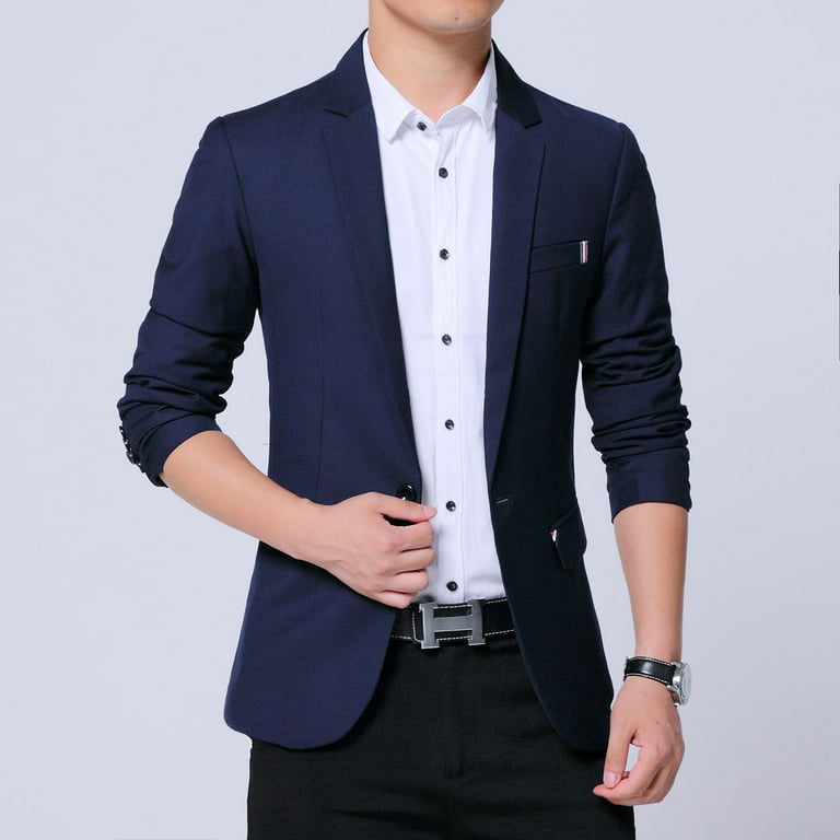 Jinda Men's Slim Fit Suit Jacket Casual Blazer Business Long Sleeve Fitted  Fall Semi Formal Suit Separate Navy 36 