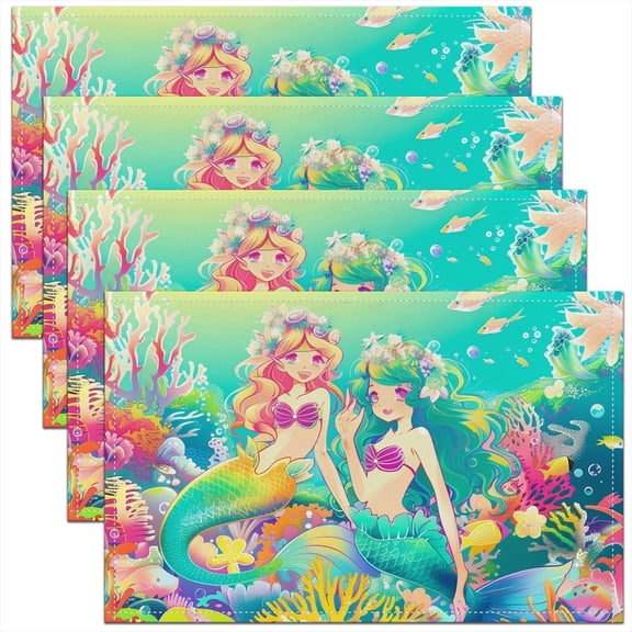 Girly Mermaid Placemats Set of 4 for Kids Colorful Coral Seaweed Place Mats 12x18 inch Fancy Fairy Tale Table Mats Undersea World Meal Mats for Dining Table