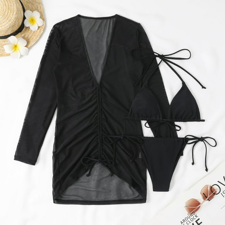 WREESH Womens 3 Piece Sheer Mesh Long Sleeve Swimwear Bikini Cover Up Dress High Breast Solid Bikini Set One Piece Swimsuit Sets Beach Bathing Suit