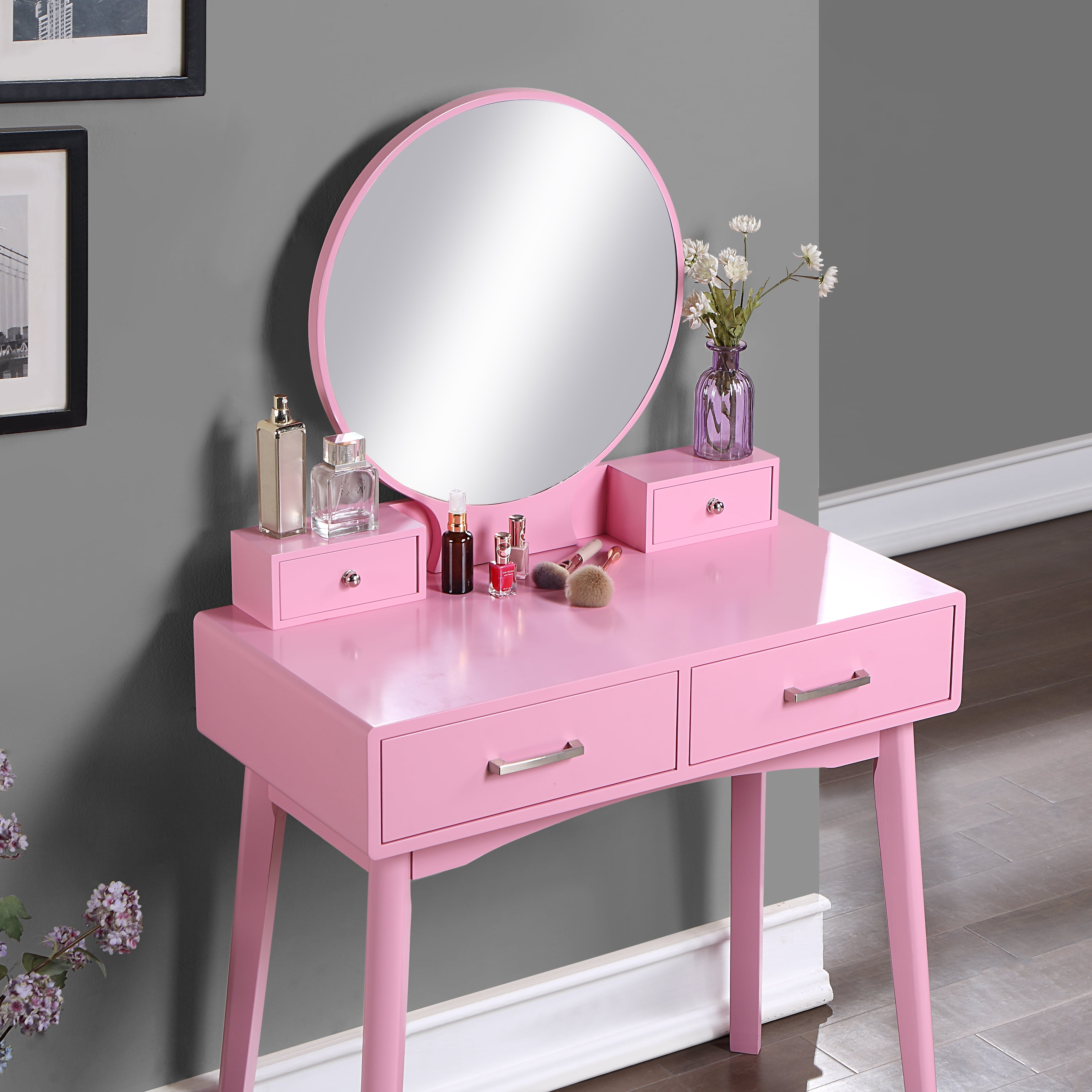 Mintazer Modern Vanity Table Set, Round Mirror Makeup Dressing Table with 4 Drawers & Upholstered Stool for Bedroom, Pink