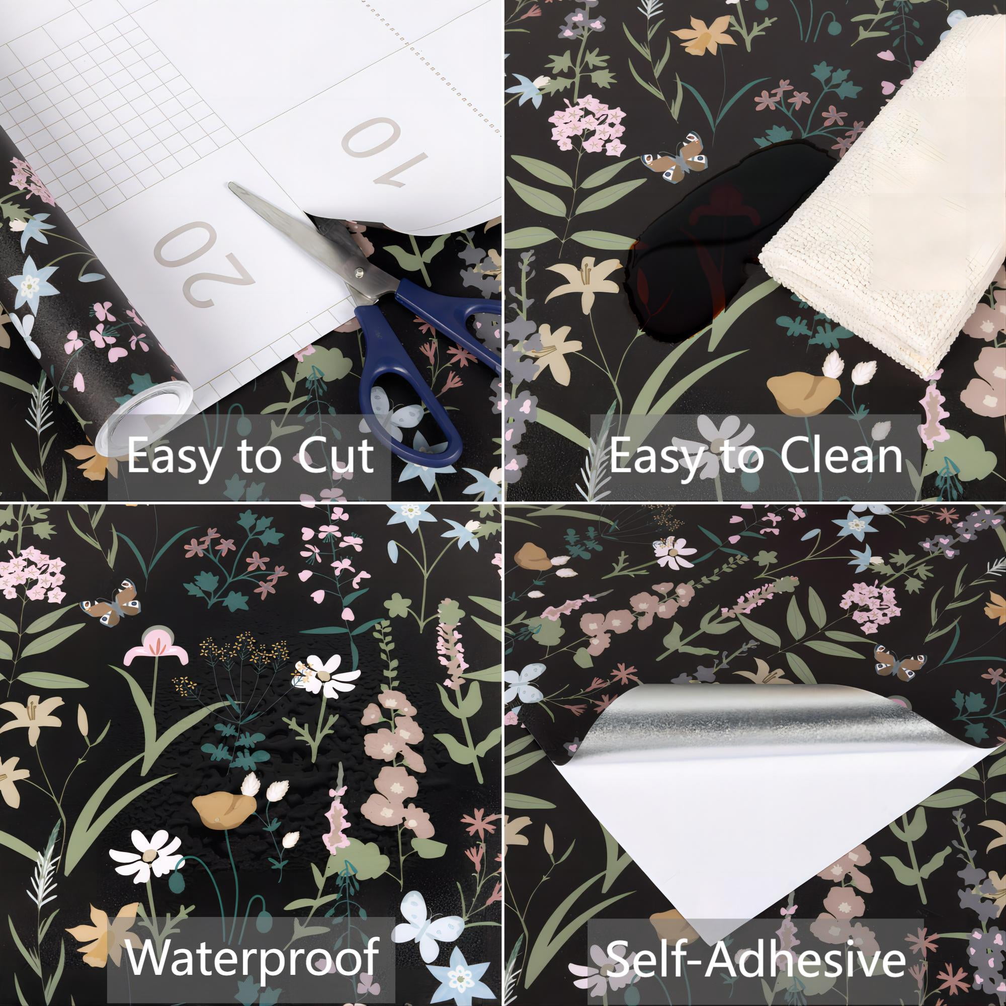 UMIGGEE Floral Wallpaper Peel and Stick Black Wallpaper Self Adhesive Flower Wall Paper Contact Paper 17.7-in x 118-in Home Decor Wall Covering Old Furniture Renovation