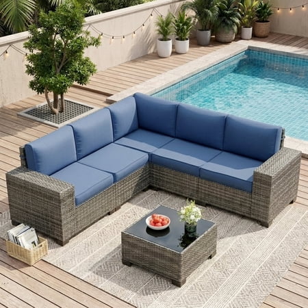UDPATIO 6-Piece Patio Furniture Set Outdoor Patio Sofa Set With Wide Armrest All-Weather Wicker Rattan Guest Set With Cushion And Glass Table And Waterproof Cover Grey & Navy Blue