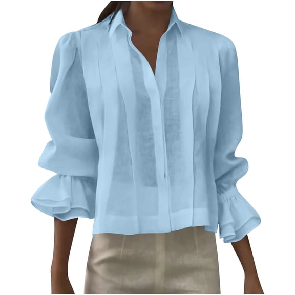 Lenpel Button down Shirts for Women Ruffle Long Sleeve Collared Pleated Cotton Linen Tops Dressy Casual Blouses(Light Blue,X-Large)