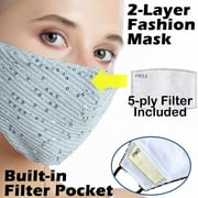 Cleanbreath Washable Sequin Cloth Mask with Filter Insert, Light Silver