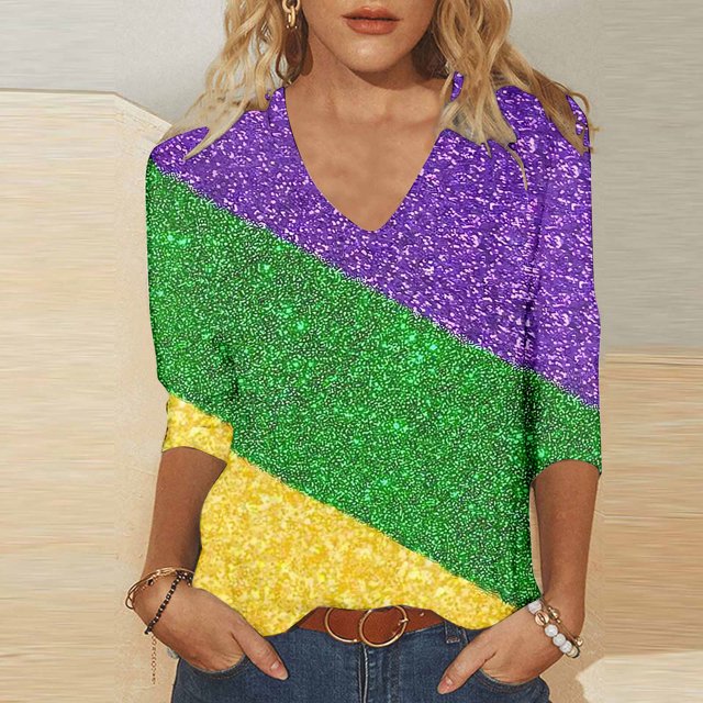UPPADA Femmes T-Shirts à Manches 3/4 Mardi Gras Yall T-Shirts à Imprimé Floral Col Rond Blouse à devant Plissé Hauts d'Été Décontractés Chandail à Enfiler Haut Mode Fête Défilé Hauts T-Shirts à Manches 3/4 pour Femmes Économie