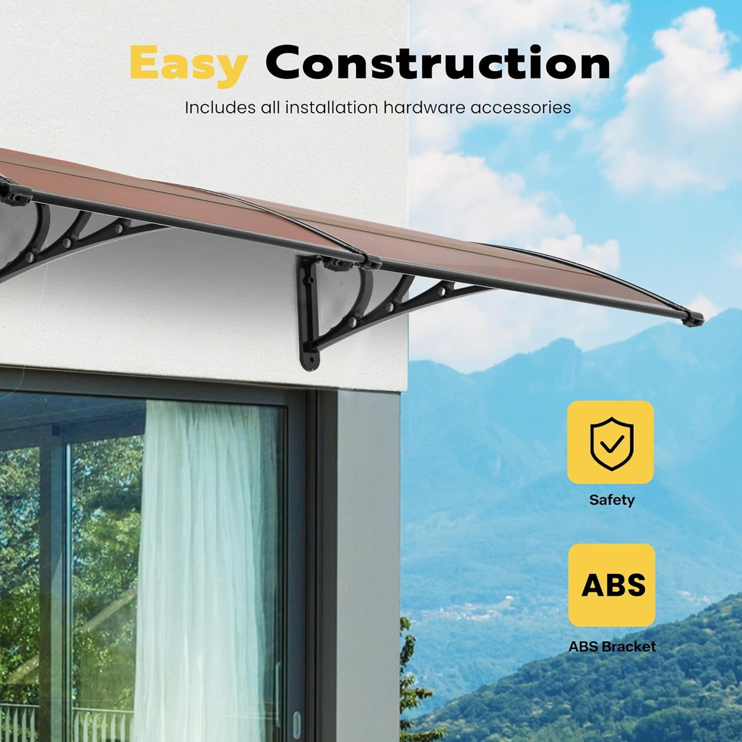 SPECSTAR Polycarbonate Window Door Awning Spliced Canopy Brown with Black Bracket 40 inch x 80 inch