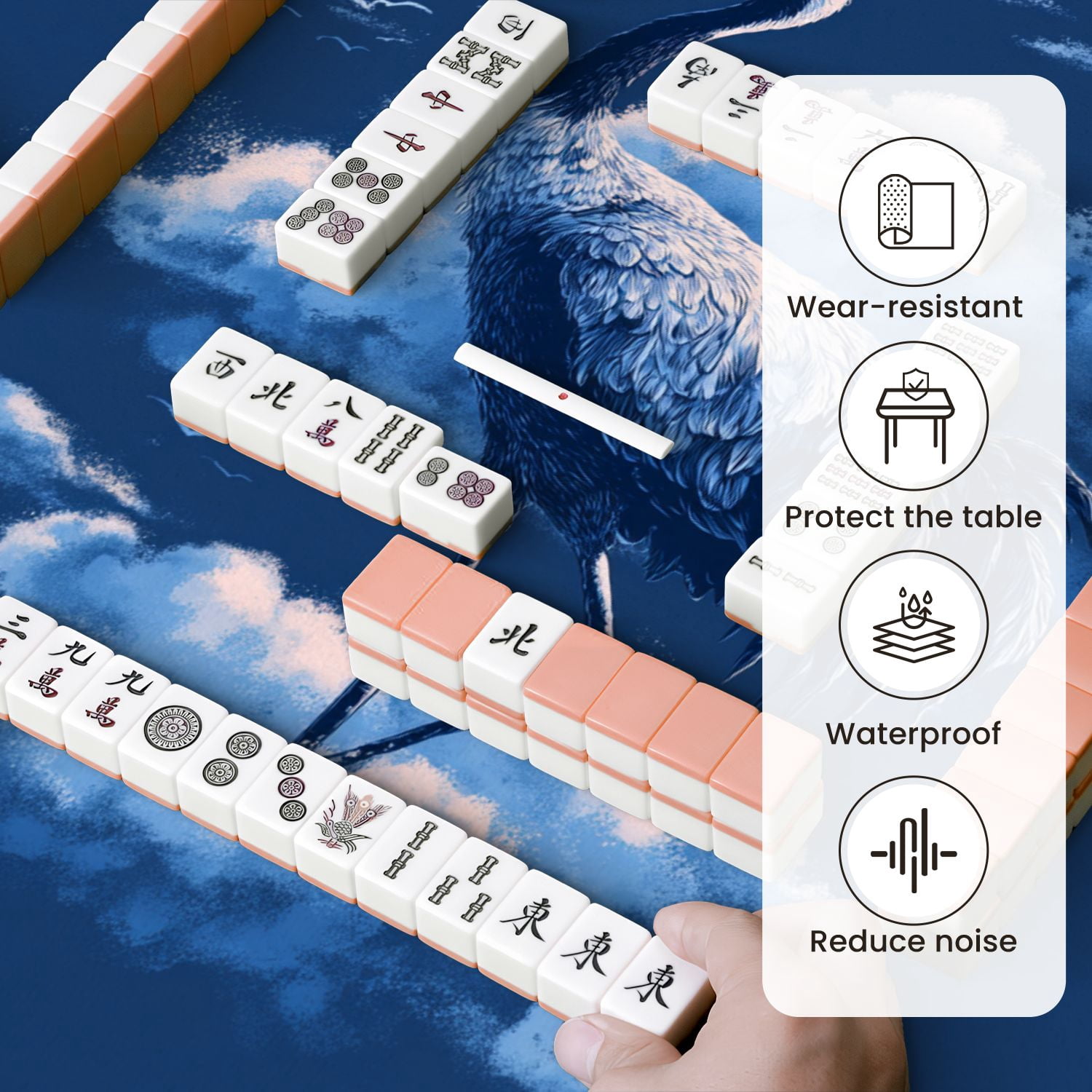 Chinoiserie Mahjong Mat 31.5" x 31.5" Serene Crane Cloud Deep Blue Gradient Non-Slip Noise Reduction Mahjong Tiles Table Cover for Dominoes Poker Card Board and Tile Games