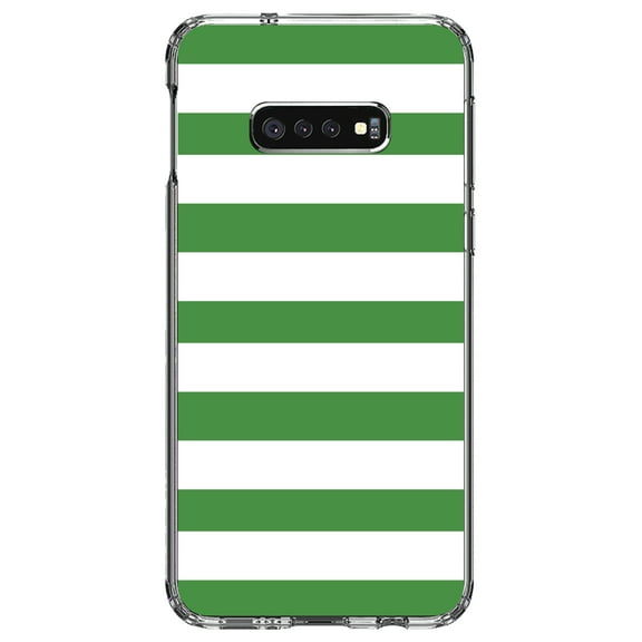 DistinctInk Clear Shockproof Hybrid Case for Samsung Galaxy S10e (5.8" Screen) - TPU Bumper, Acrylic Back, Tempered Glass Screen Protector - Green & White Bold Horizontal Stripes