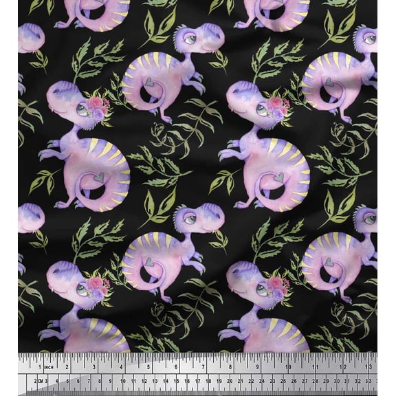 Soimoi Black Cotton Duck Fabric Dinosaurs & Leaves Kids Print Fabric by the Yard 42 Inch Wide