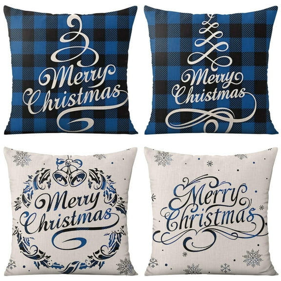 Merry Christmas Bule Buffalo Plaid Christmas Trees Pillow Covers Bule Buffalo Plaid Christmas Trees Throw Pillows Cover 16"x16" Set Of 4, Farmhouse Home Decor