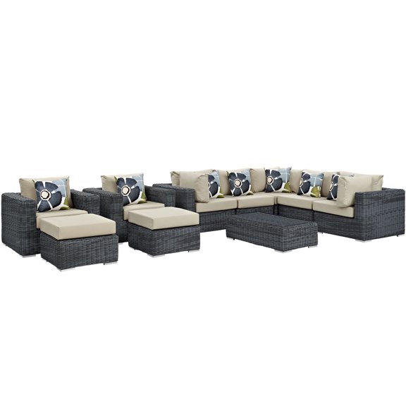 Modern Contemporary Urban Design Outdoor Patio Balcony Ten PCS Sectional Sofa Set, Beige, Rattan