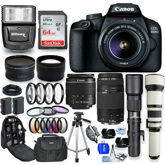 Canon EOS 4000D / Rebel T100 18-55mm   75-300mm   500mm   650-1300mm - Top Value Bundle Includes: Extra Battery, Sandisk Ultra 64GB SD, Slave Flash, Filter Kits, Tripod, Backpack and More