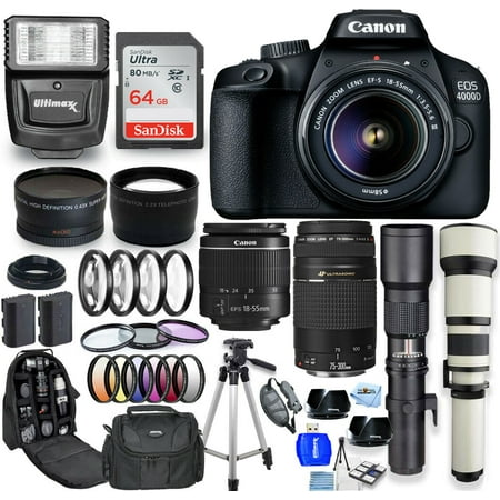 Canon EOS 4000D / Rebel T100 18-55mm + 75-300mm + 500mm + 650-1300mm - Top Value Bundle Includes: Extra Battery Sandisk Ultra 64GB SD Slave Flash Filter Kits Tripod Backpack and More