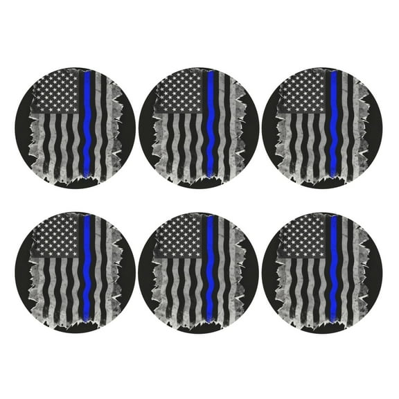 Retro Thin Blue Line Flag Leather Drinks Coasters Suitable for Various Cups Set of 6 Round Shape