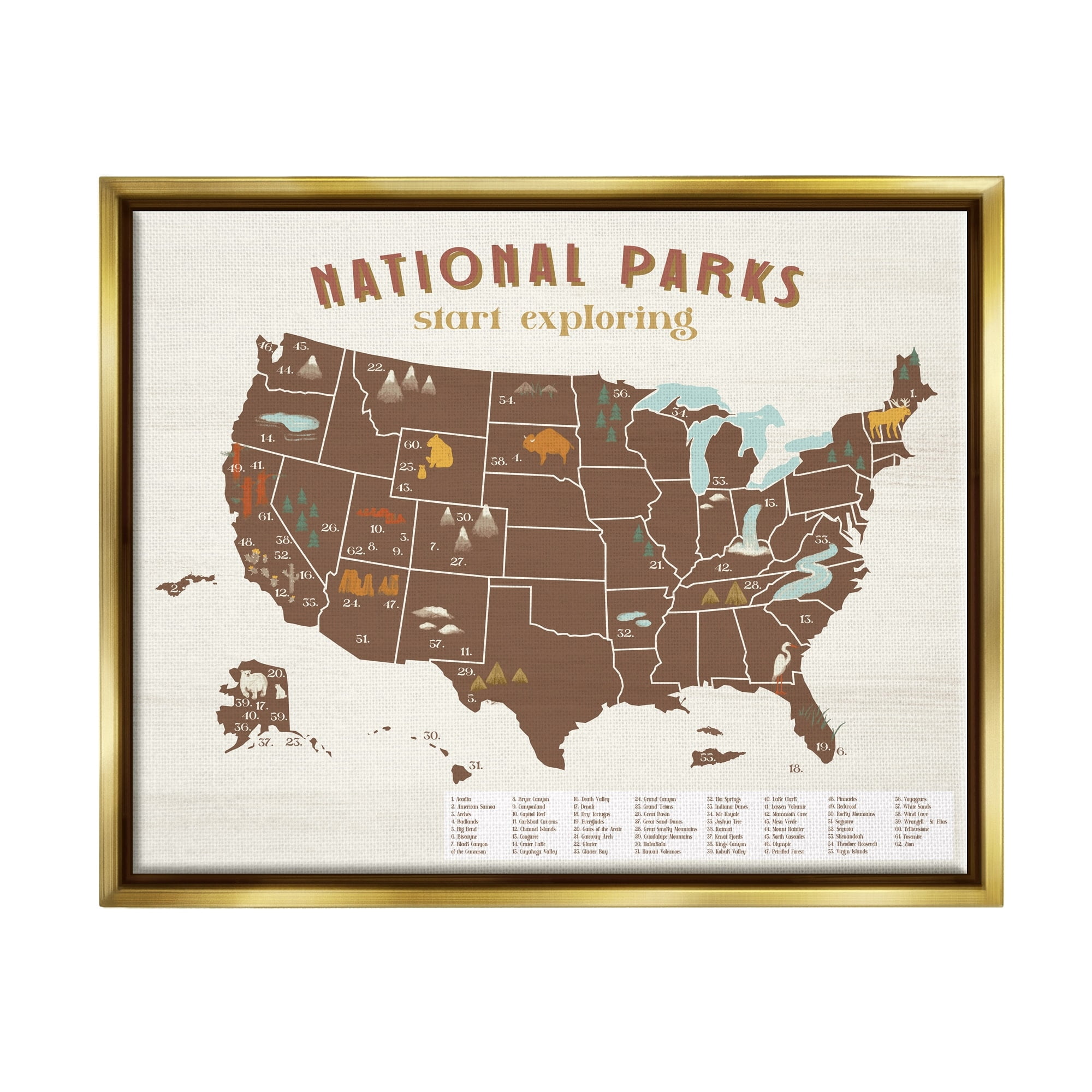 Stupell Industries Start Exploring National Parks Map United States Metallic Gold Framed Floating Canvas Wall Art, 24x30, by Daphne Polselli
