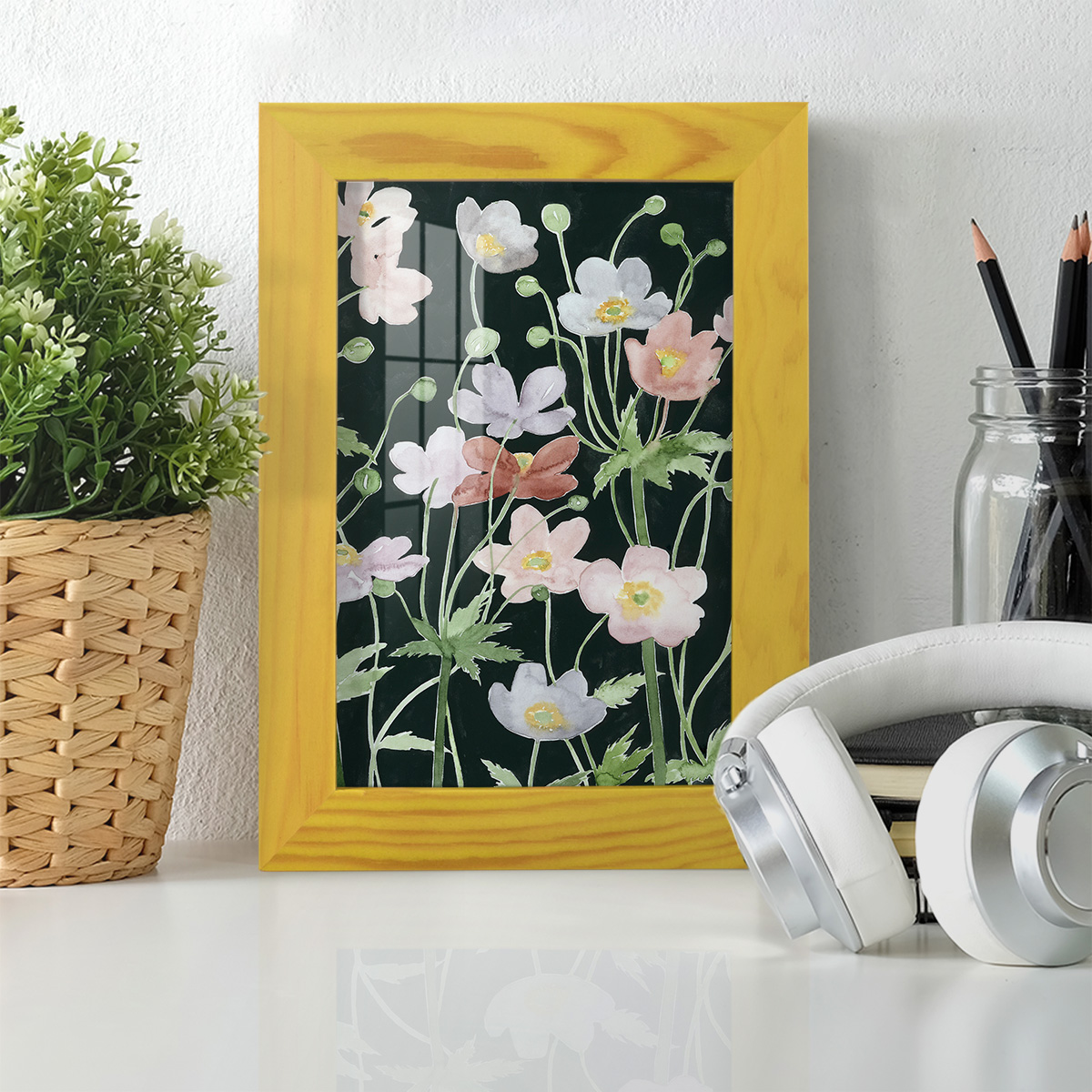 Anemone Dance II -Framed Print w/glass-Sunflower Yellow