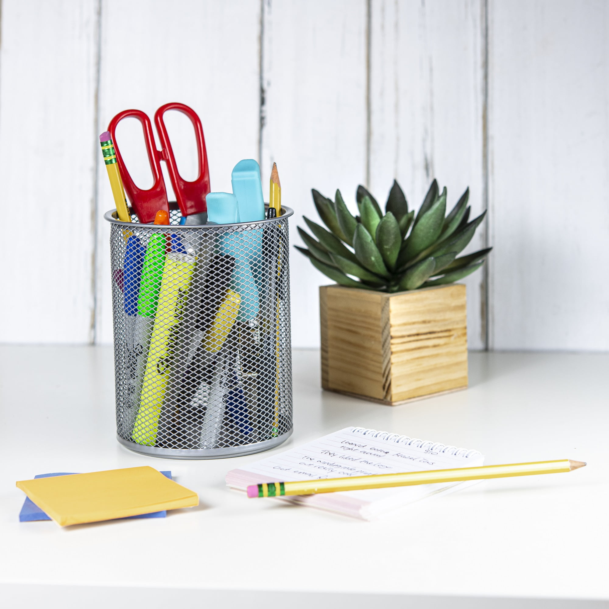 Office Round Desk Steel Mesh Pencil Cup Pen Holder Silver, 2210-6 Pack of 6