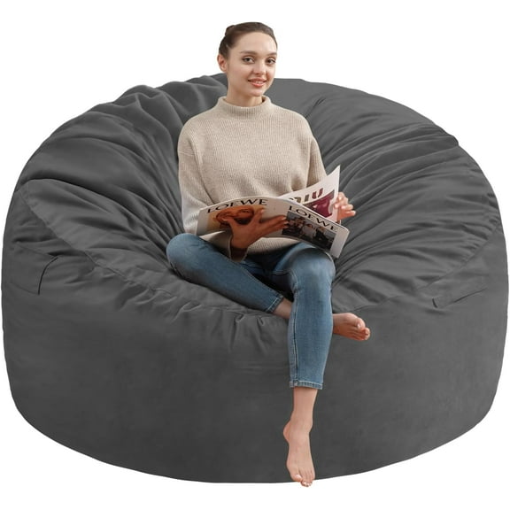 3FT Bean Bag Chair, Comfy Bean Bag Chairs with Memory Foam Filled, Fluffy Beanbag Sofa with Dutch Velvet Cover, Round BeanBag Chairs for Living Room, Playroom- Grey