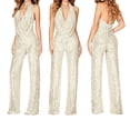 thumbnail image 5 of Women's Sequin Jumpsuit, Cowl Neck Halter Backless Romper, Sleeveless Wide Leg Jumpsuit for Women, Glittery Party Wear, Club Outfit, Prom Dress, Date Night and Special Occasions-Beige, 5 of 6