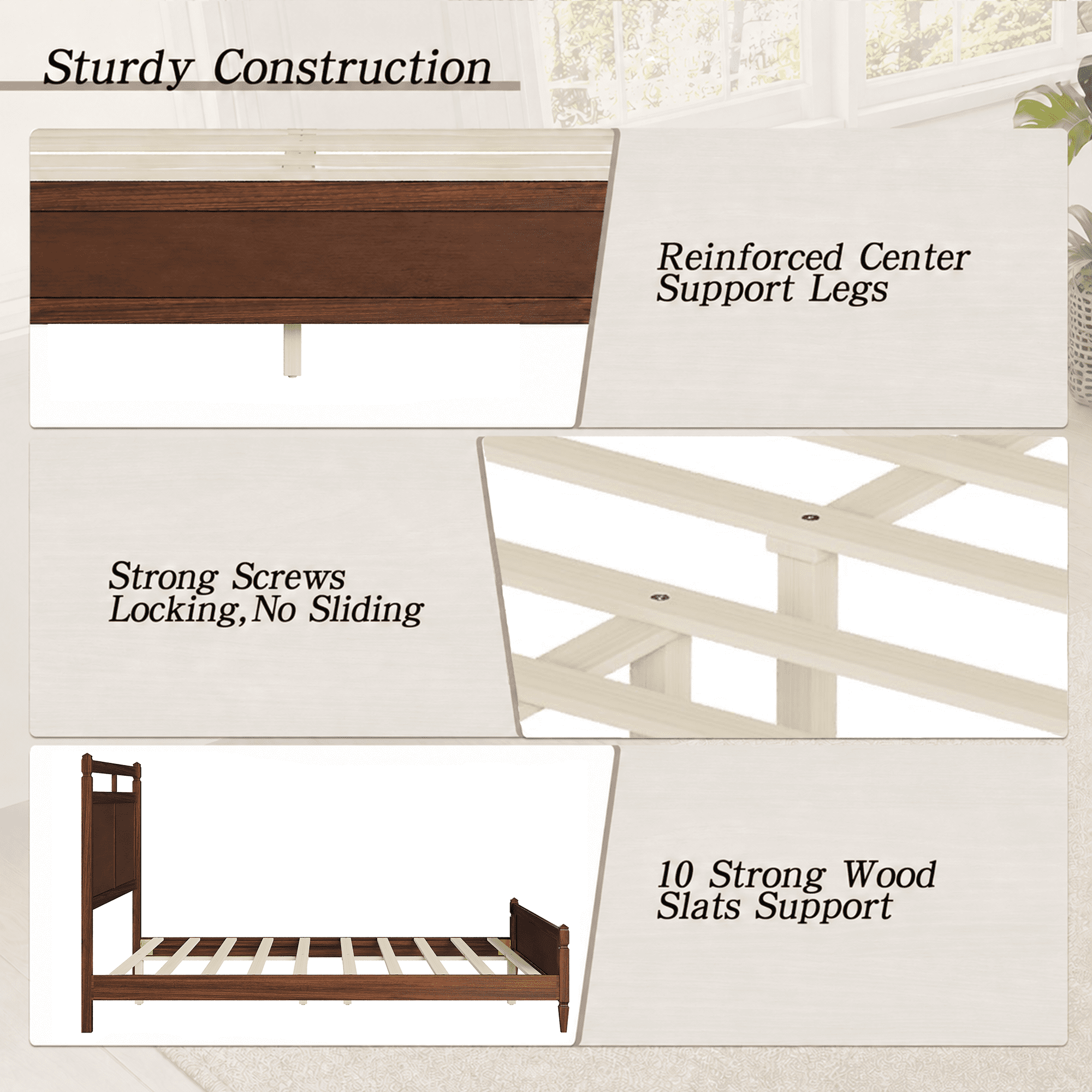 Euroco Modern Wood Queen Size Platform Bed, Mid-Century Bed Frame with Panel Headboard, No Box Spring Needed, Dark Walnut
