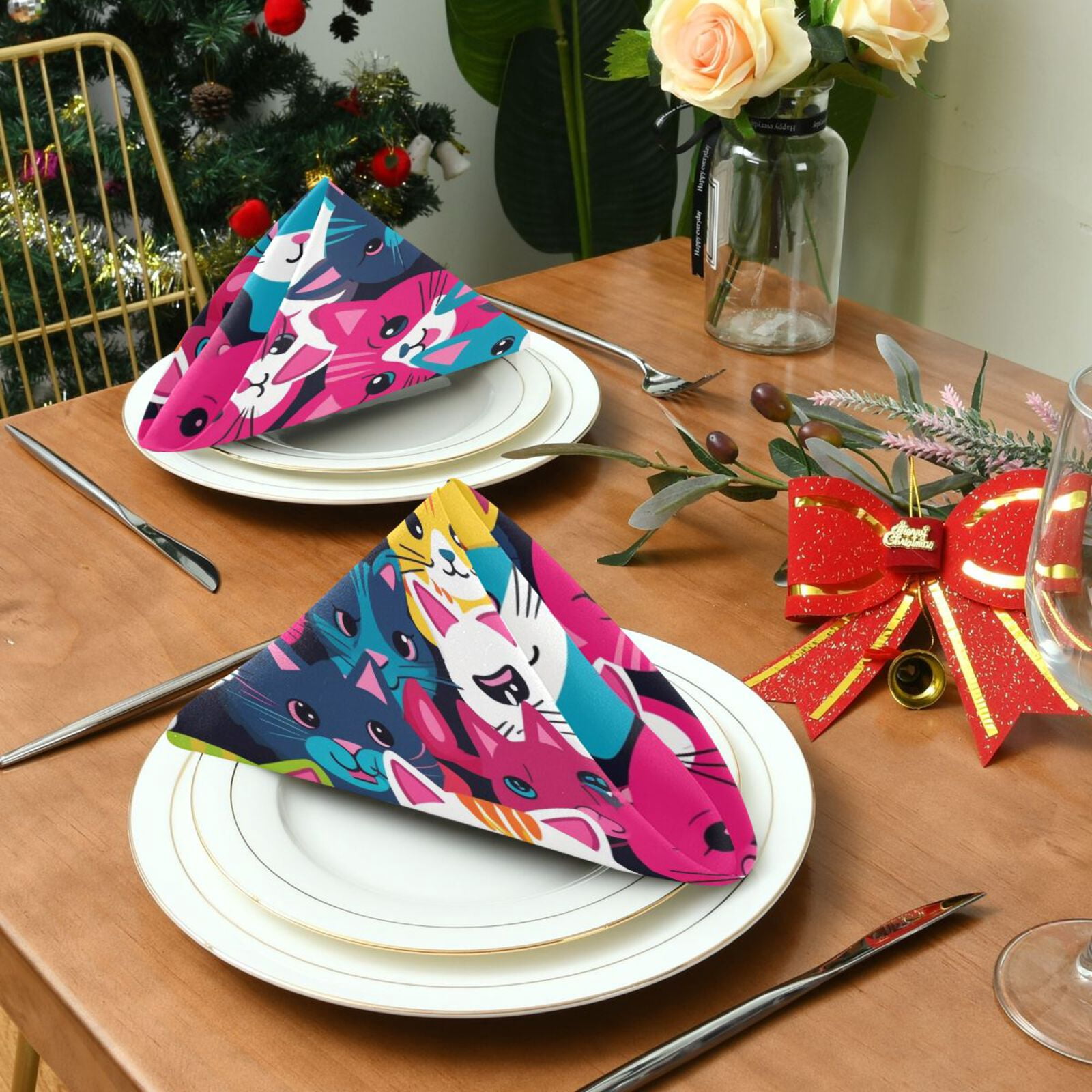 JSTEL Colorful Cat Kitten Cloth Napkins Set of 6, 20x20 Inch Washable and Reusable Napkin for Decoupage Dinner Party Everyday Use