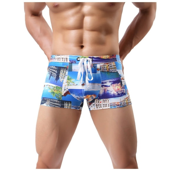 QunButy Men Swim Trunk Floral Swimwear Square Leg Swimming Boxer Birefs Swimming Shorts with Drawstring