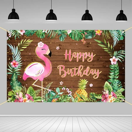 Flamingo Birthday Backdrop for Girls Wood Luau Aloha Happy Birthday Photography Background Summer Tropical Hawaiian Birthday Party Decorations Banner Photo Prop