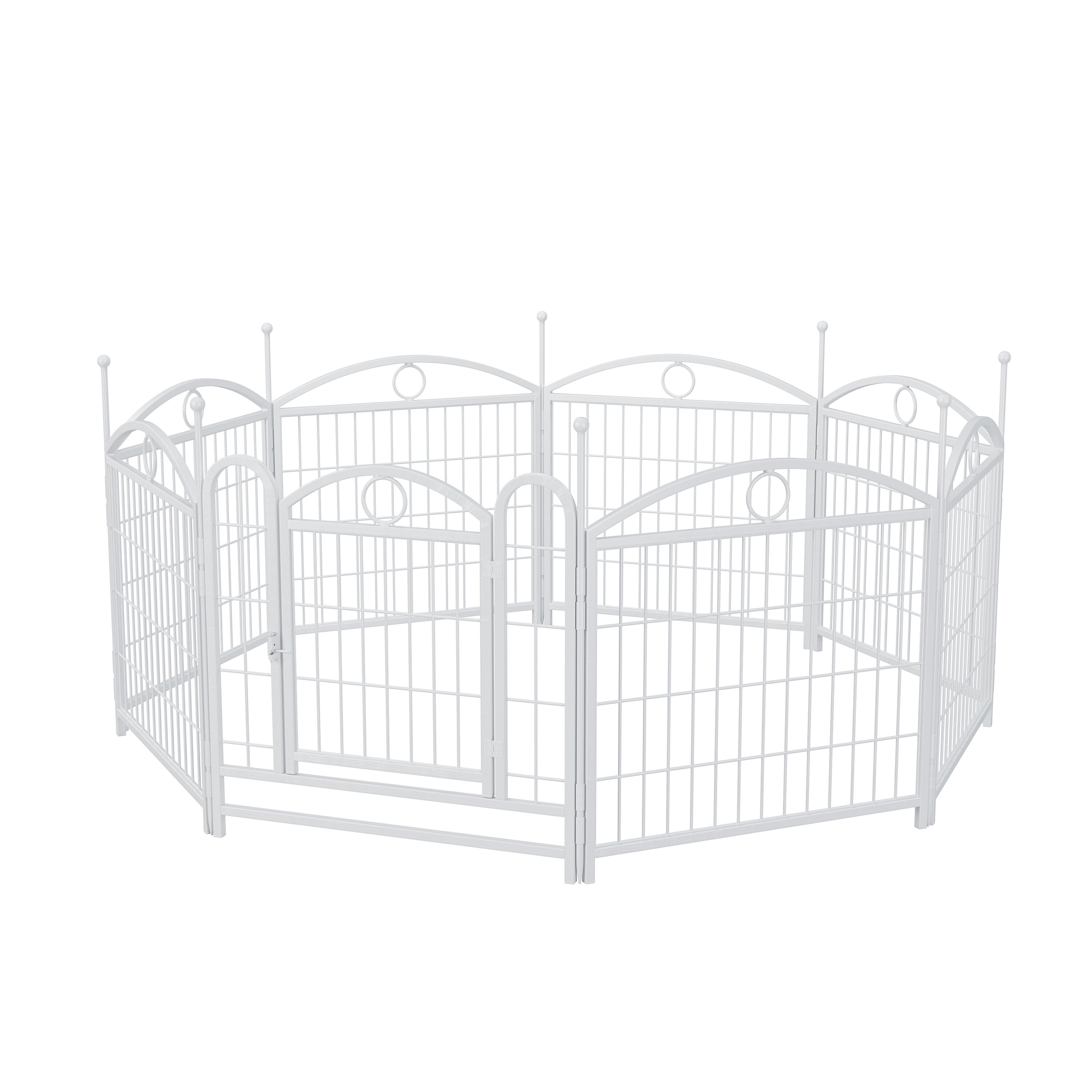24" White Metal Dog Playpen - 8-Panel Foldable Pet Exercise Pen with Door for Indoor/Outdoor Use