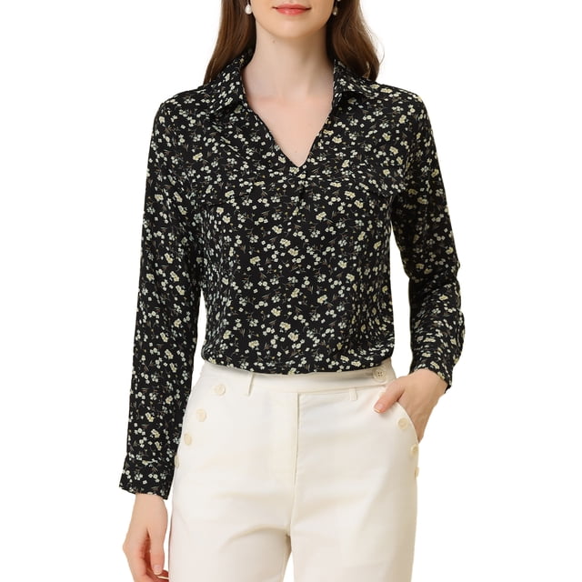 Camiseta de manga larga con pliegues y cuello en V para mujer INSPIRE CHIC, con estampado floral y bolsillo falso, talla XS, color negro y blanco