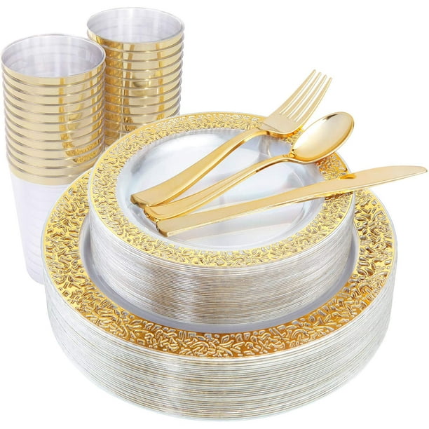 96 assiettes dorées en plastique, assiettes jetables dorées comprenant : 48  assiettes plates de 26,7 cm et 48 assiettes à dessert de 19,1 cm