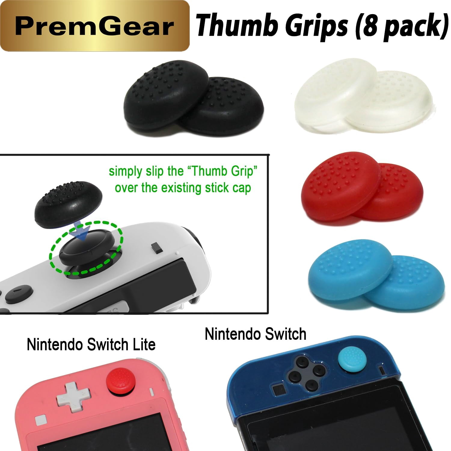 Mario Party Superstars for Nintendo Switch (US Version), with PremGear Thumb Grips (8 pack - 2 Black, 2 Blue, 2 Red & 2 Clear), 24 Slot Game Card Holder & Cleaning Cloth